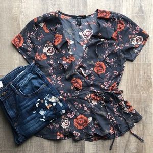 NWOT grey floral wrap top